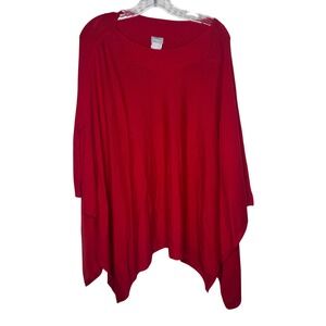 Chicos Red Cotton Cashmere Blend Knit Poncho Sweater Asymmetrical Hem SM PM